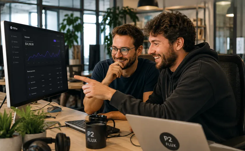 Two founders reviewing their P2Flux payments dashboard together
